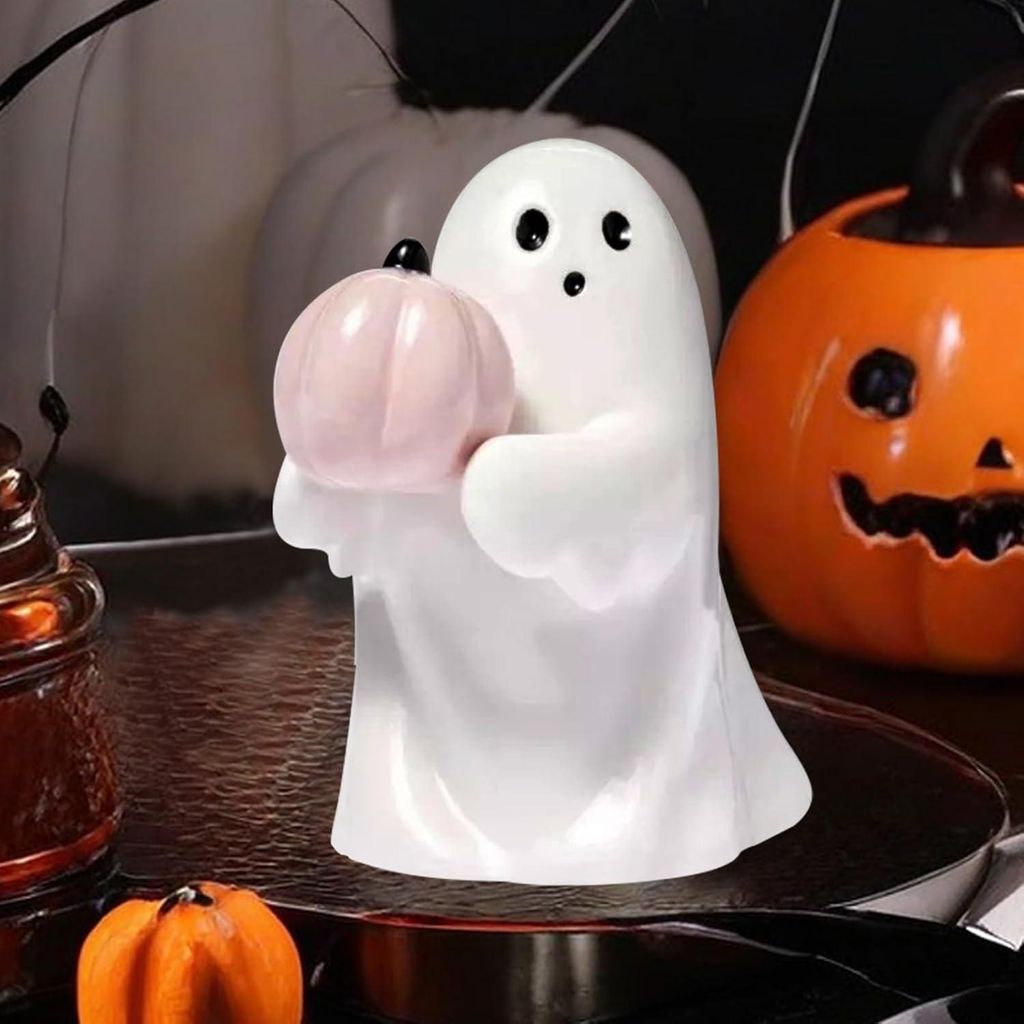 Halloween Geist Statue Harz Geisterfigur Mit Kürbis Fledermaus Design Skulptur Für Innen Und Außendekoration (A)