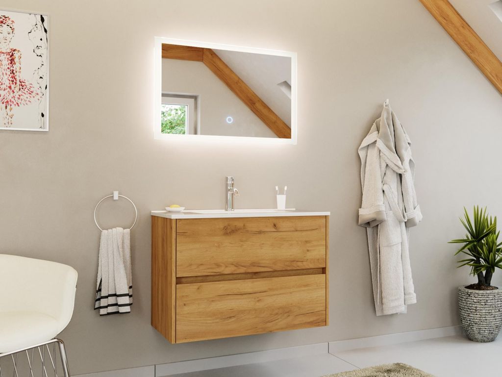 Badmöbelset Taifun 80cm 2 tlg. Waschtisch & LED Spiegel eiche gold : Eiche Gold Varianten: Eiche Gold