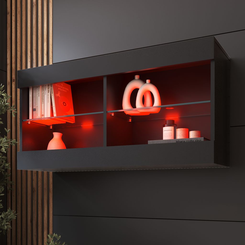 Komodee, Hängende Vitrine Schrank Tivoli, Schwarz/Schwarz, Breite 100cm x Höhe 50cm x Tiefe 29cm, LED RGB, 2 Regalböden, für Wohnzimmer, Schlaf...