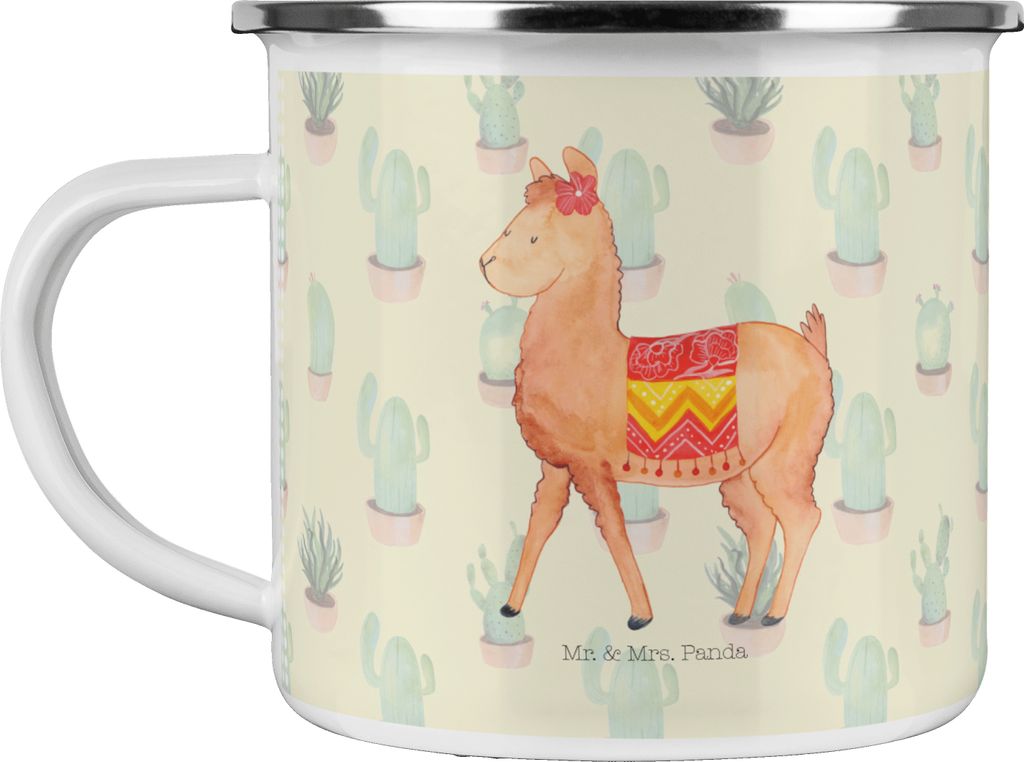 Mr. & Mrs. Panda Teetasse Alpaka Stolz - Kaktus Grün - Geschenk, Emaille Tasse, Haferl, Pott, Kaffeepott, emaillebecher