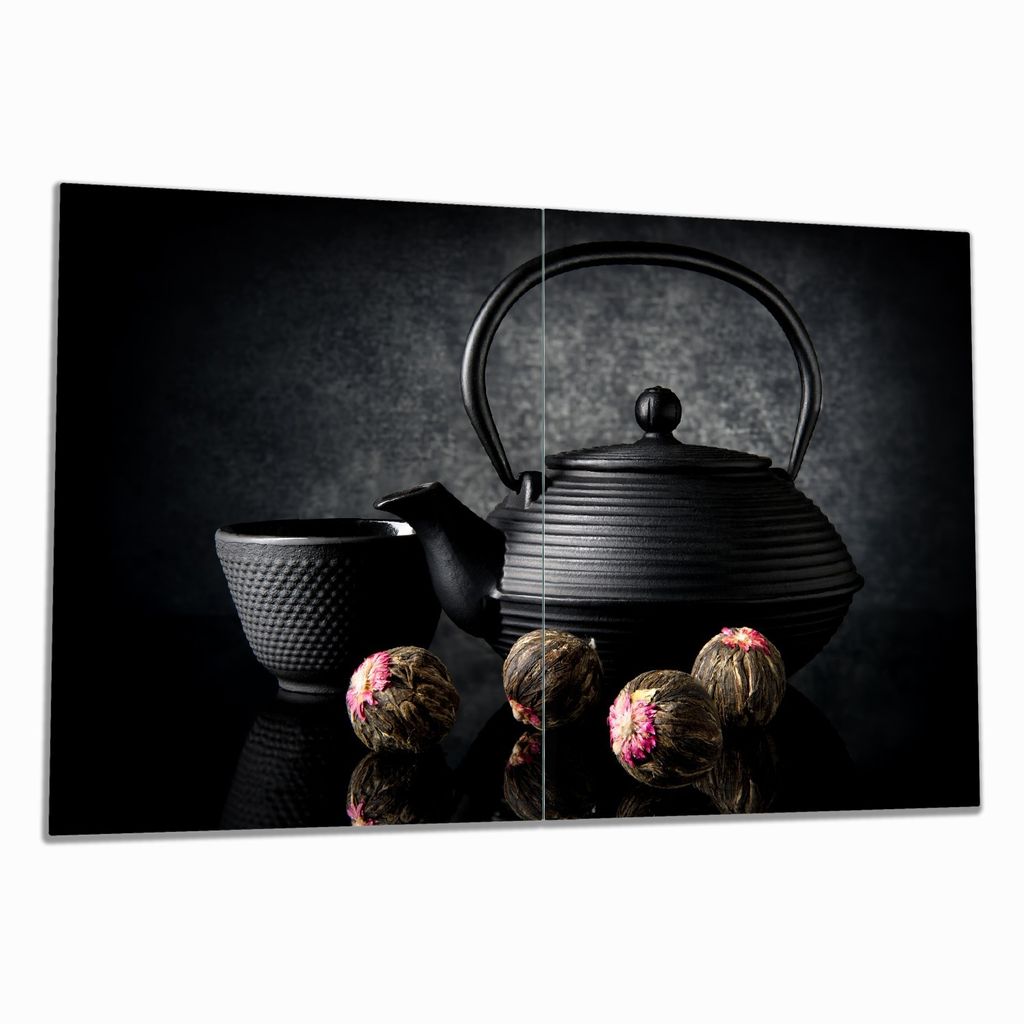 Wallario Herdabdeckplatte aus Glas, Größe 80 x 52 cm 2-teilig, Motiv Japanisches Tee-Set