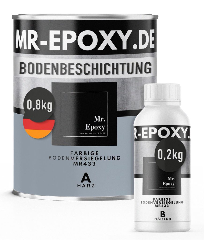 Mr. Epoxy Epoxidharz Bodenbeschichtung (1 kg, RAL 7001 Silbergrau) - 2K Betonfarbe für Garagen, Keller & Werkstatt Boden - Flüssigkunststoff Epox...