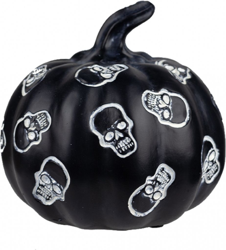 Schwarzer Kürbis mit weißen Totenköpfen für Halloween 13cm