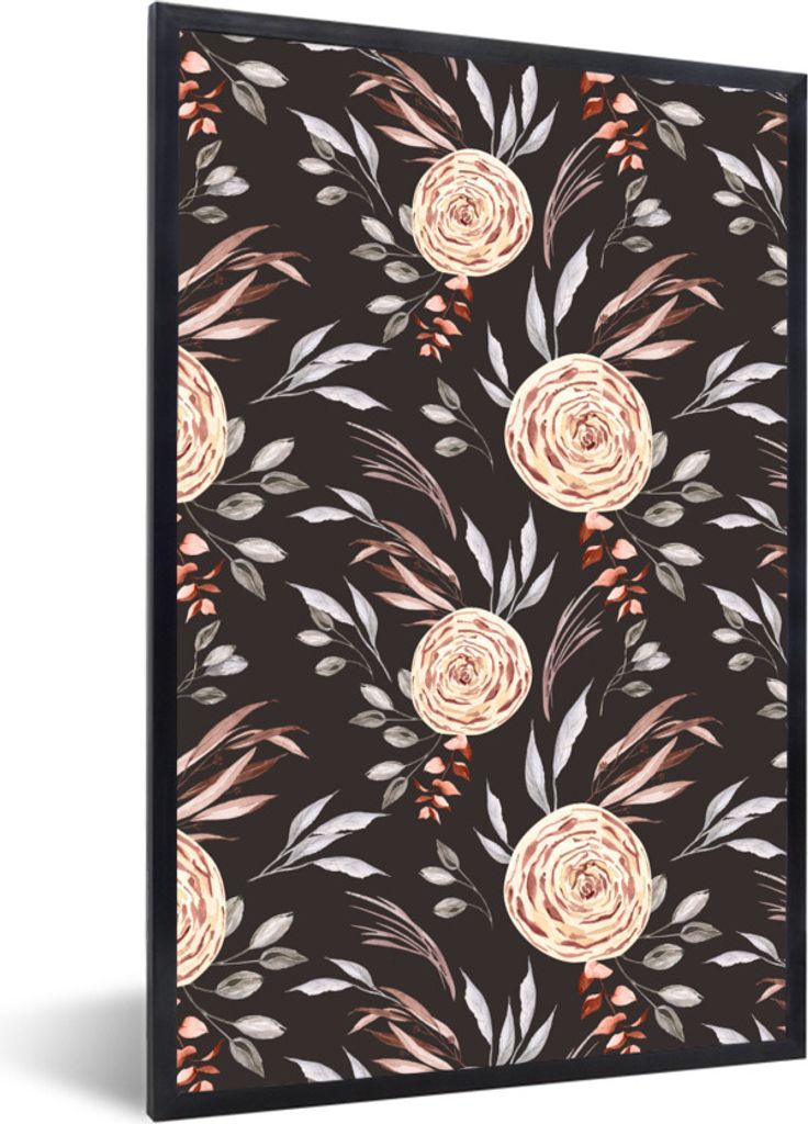 MuchoWow Gerahmtes Poster Rosen - Braun - Schwarz 60x90 cm - Poster mit Schwarzem Bilderrahmen Wandposter Rahmen Foto Bilder - Kunst