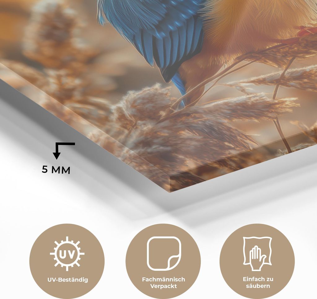 MuchoWow Glasbilder - Bilder auf Wandbild - Foto auf Glas Eisvogel - Herbst - Vögel - Sonne - Natur - Herbstzweige 80x60 cm Wanddekoration aus Gla...