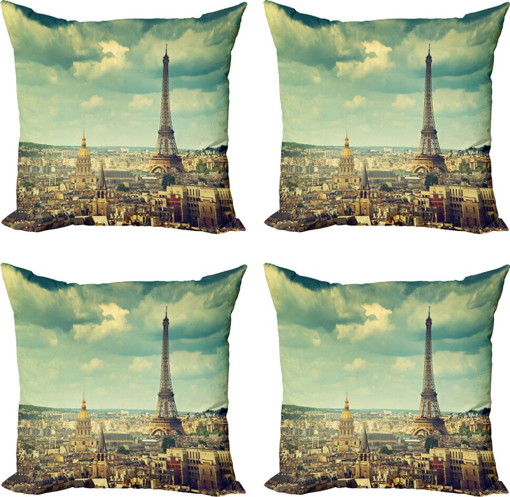 ABAKUHAUS Eiffelturm Kissenbezug Set (4 Stück), Gebäude Luftaufnahme, Moderner Doppelseitiger Digitaldruck, 40 cm x 40 cm, Grün Braun Mint Green