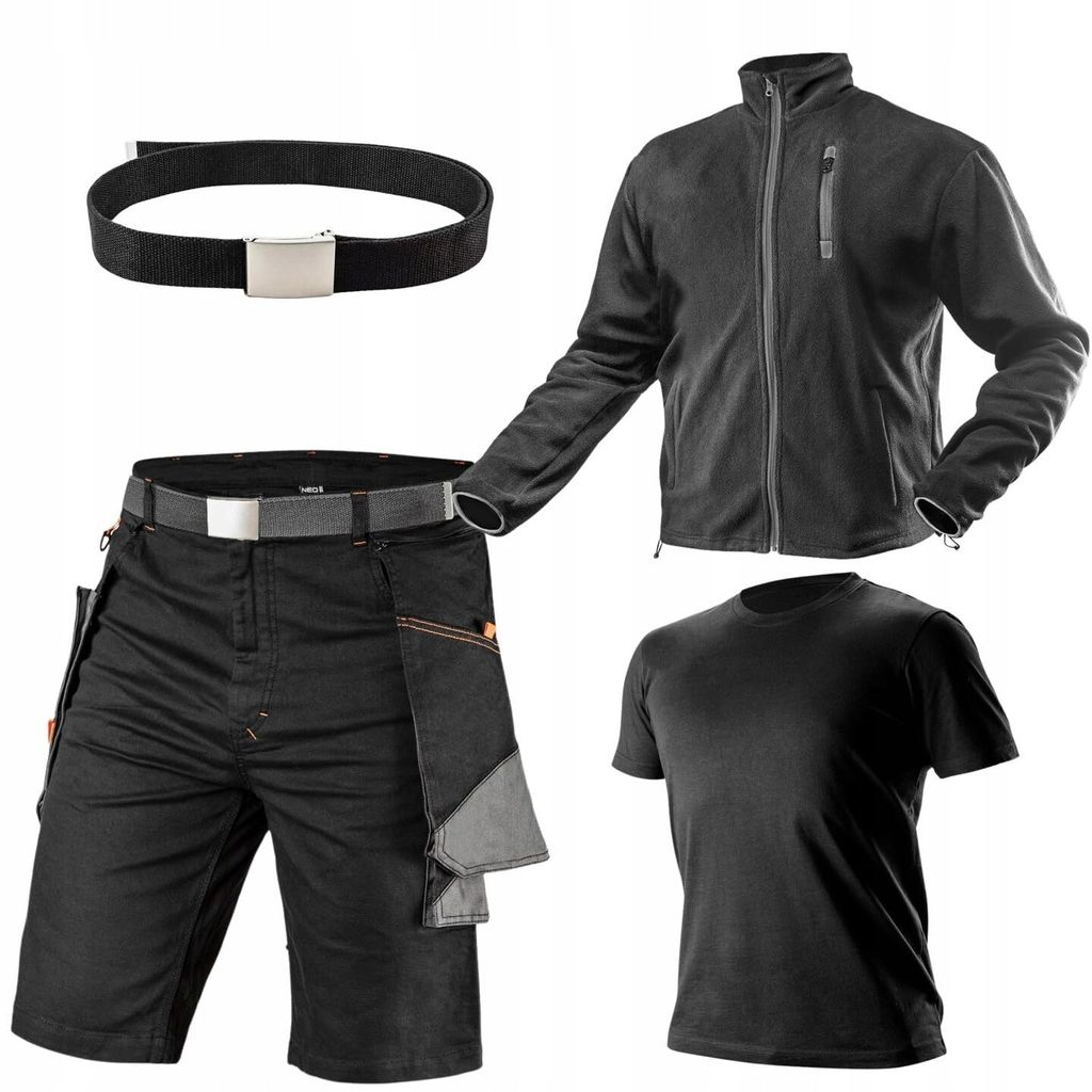 NEO TOOLS Herren Satz Kurze Arbeitshose + Fleece-Arbeitsjacke und T-shirt, Hosengürtel Gr. S - XXL/ Gr. L