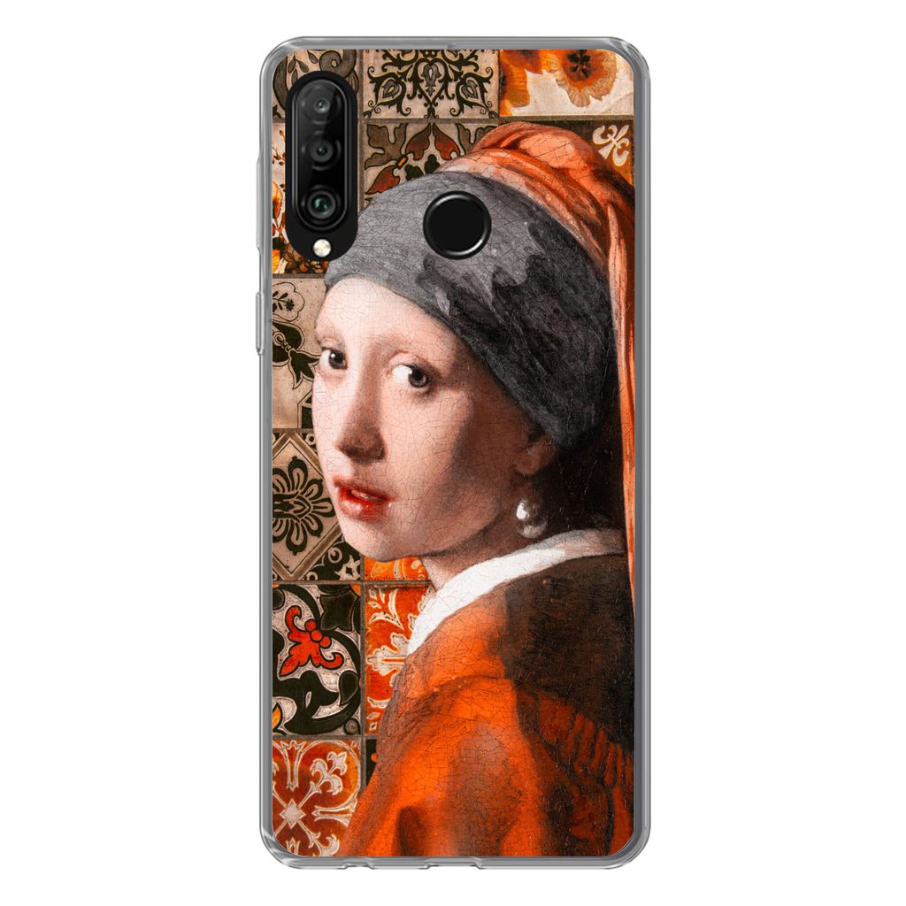MuchoWow Handyhülle Schutzhülle Hülle für Huawei P30 Lite Mädchen mit Perlenohrring - Kacheln - Vermeer Silikon Softcase Handy Hülle - Hand...