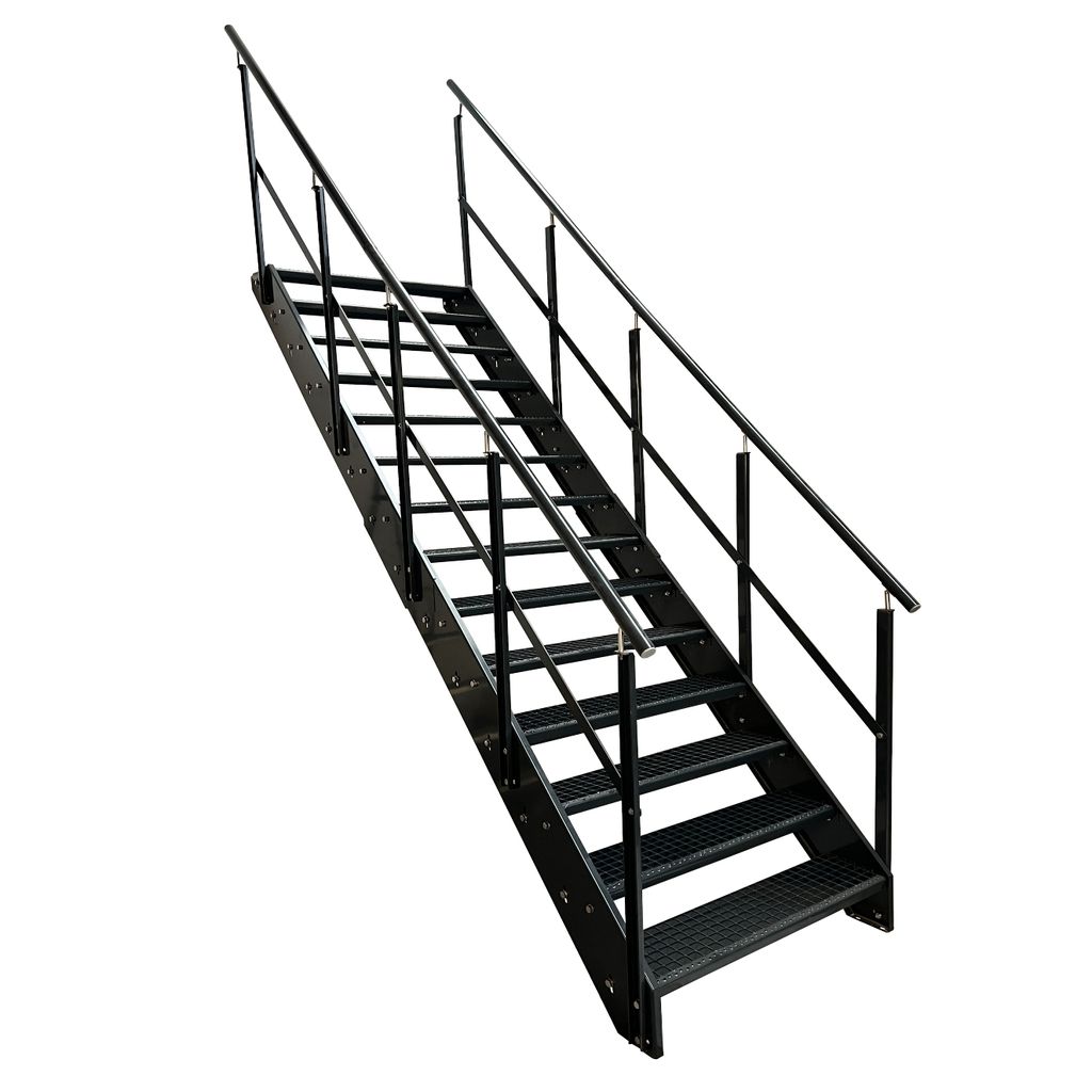 Stahl Wangentreppe Gitterroststufen 14 Stufen beidseitiges Geländer - Verzinkt & Anthrazit pulverlackiert - (B x H x T) 140 x 266 x 272 cm