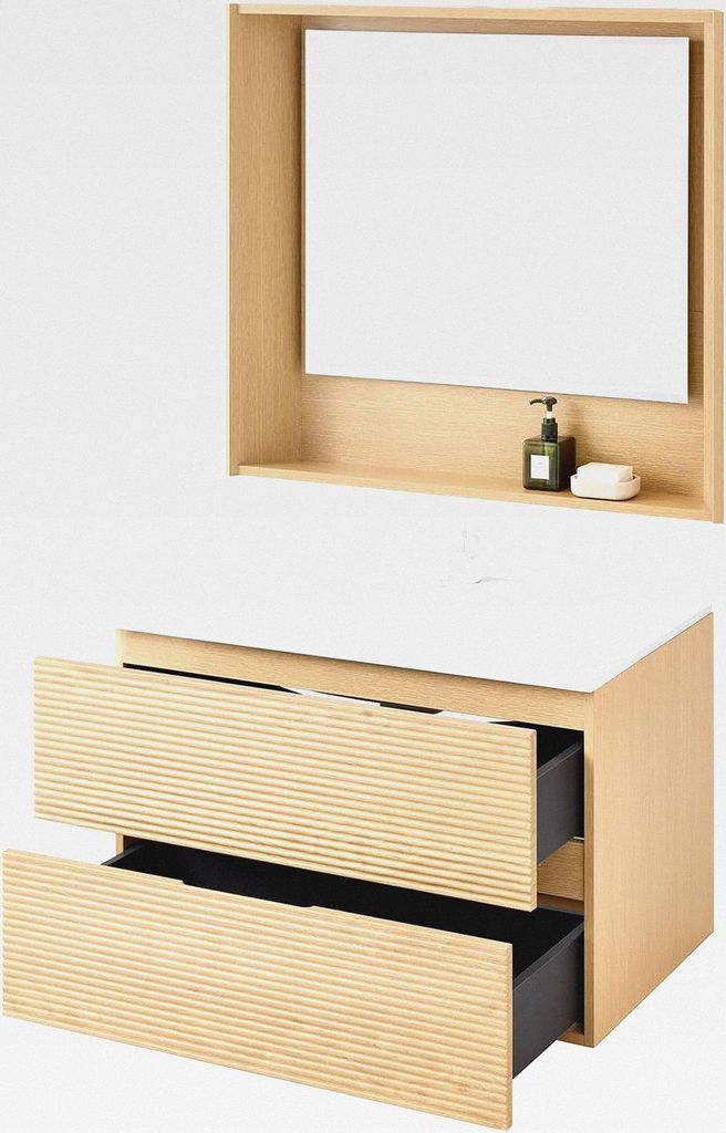 Waschbeckenunterschrank Badmöbel Set Wandspiegel Badezimmerschrank Waschtisch Unterschrank mit Waschbecken Badspiegel mit Ablage Natur BZR198-N