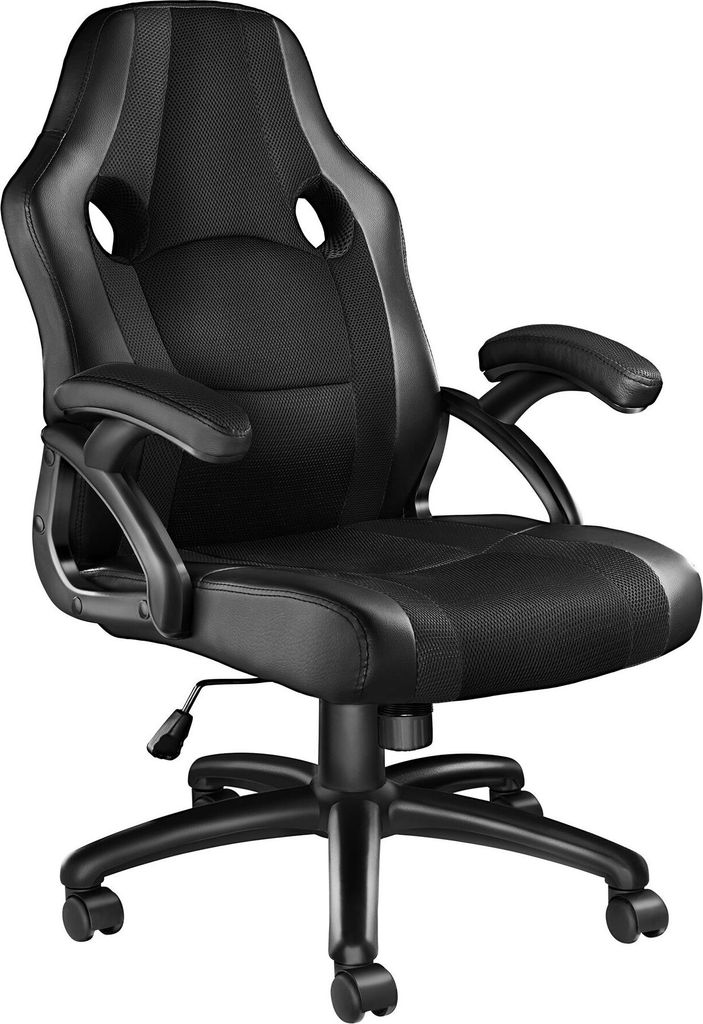 A black ergonomic office chair is shown against a white background.