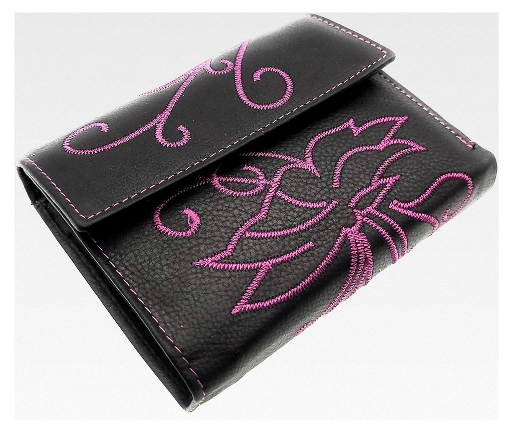 Damen Geldbörse aus echtem Leder mit vielen Fächern und Schmetterlingsstickerei sowie RFID-Schutz (Pink)