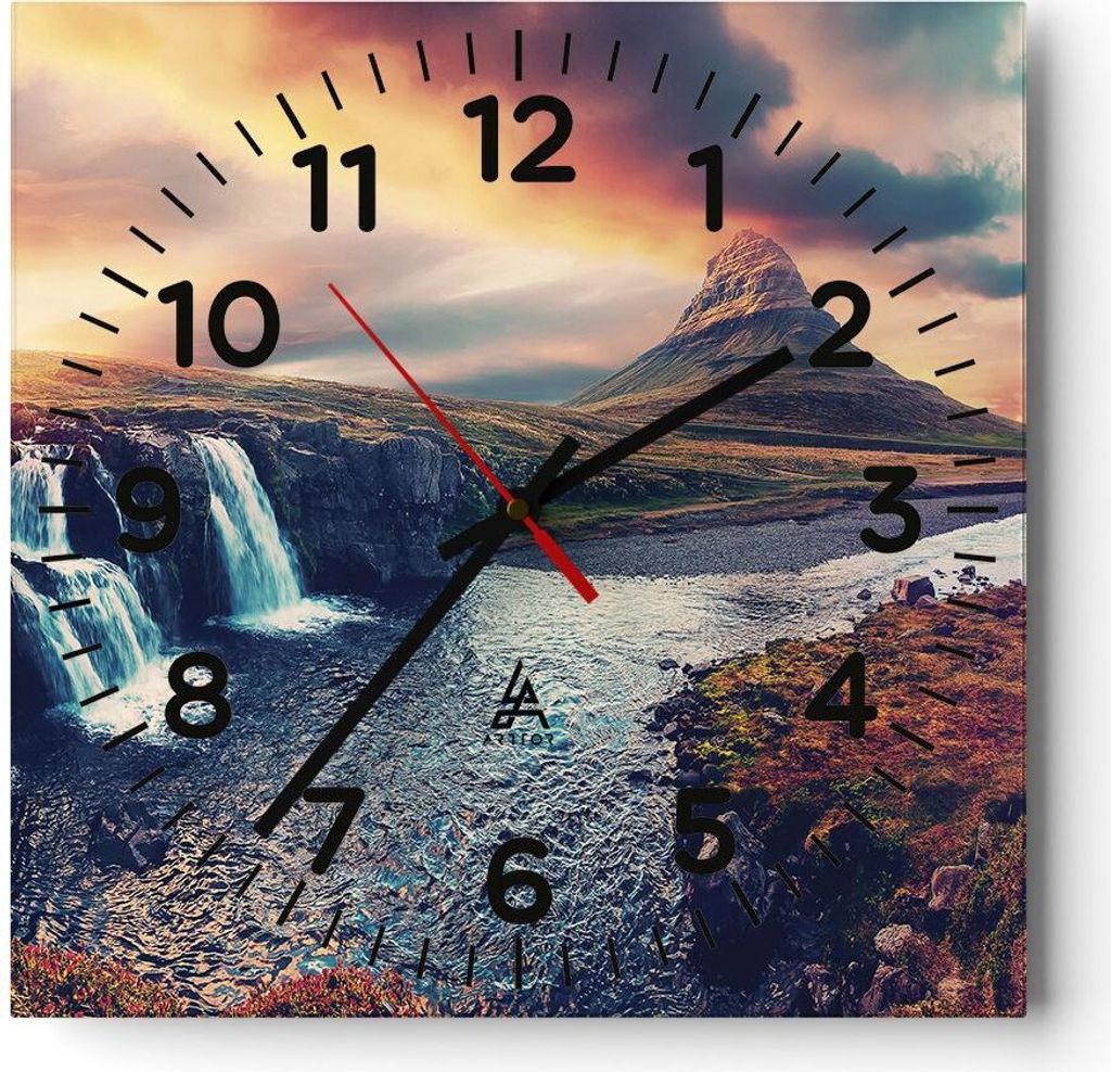 Wanduhr - Quadrat - Glasuhr - Wasserfall Himmel Berg - 40x40cm - Schleichendes Uhrwerk - Lautlos - zum Aufhängen bereit - Dekoration Modern - Wand...
