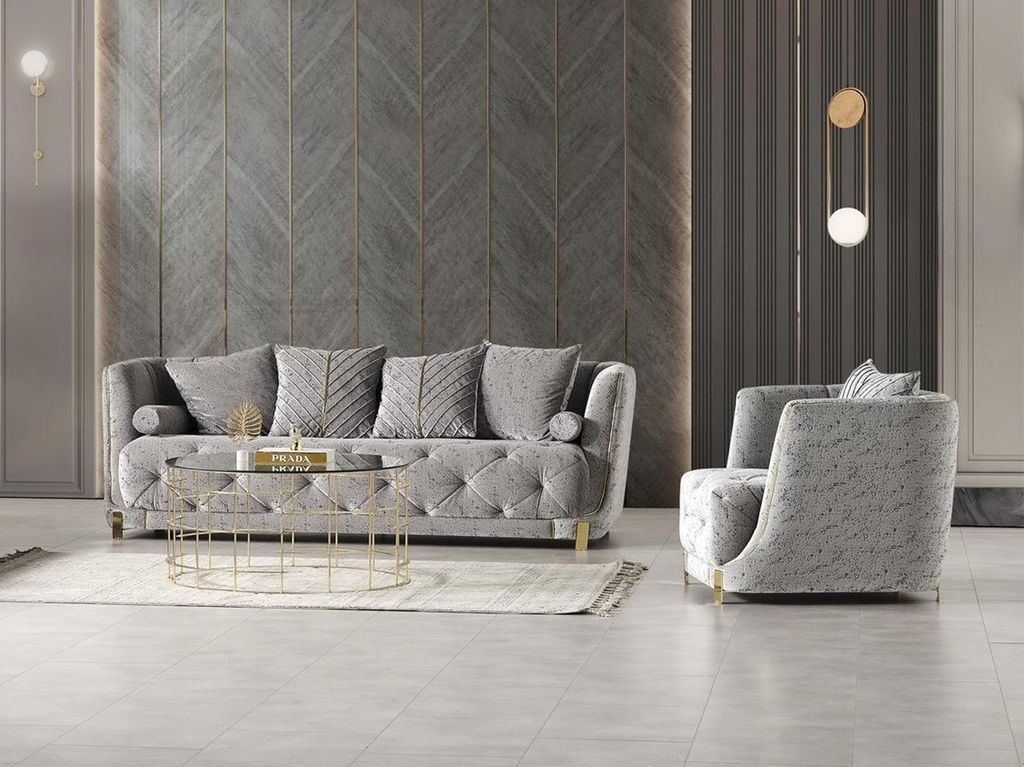 Grau Luxus 2tlg Wohnzimmer Set Sofa 3-Sitzer Sessel Modernes Design Couch