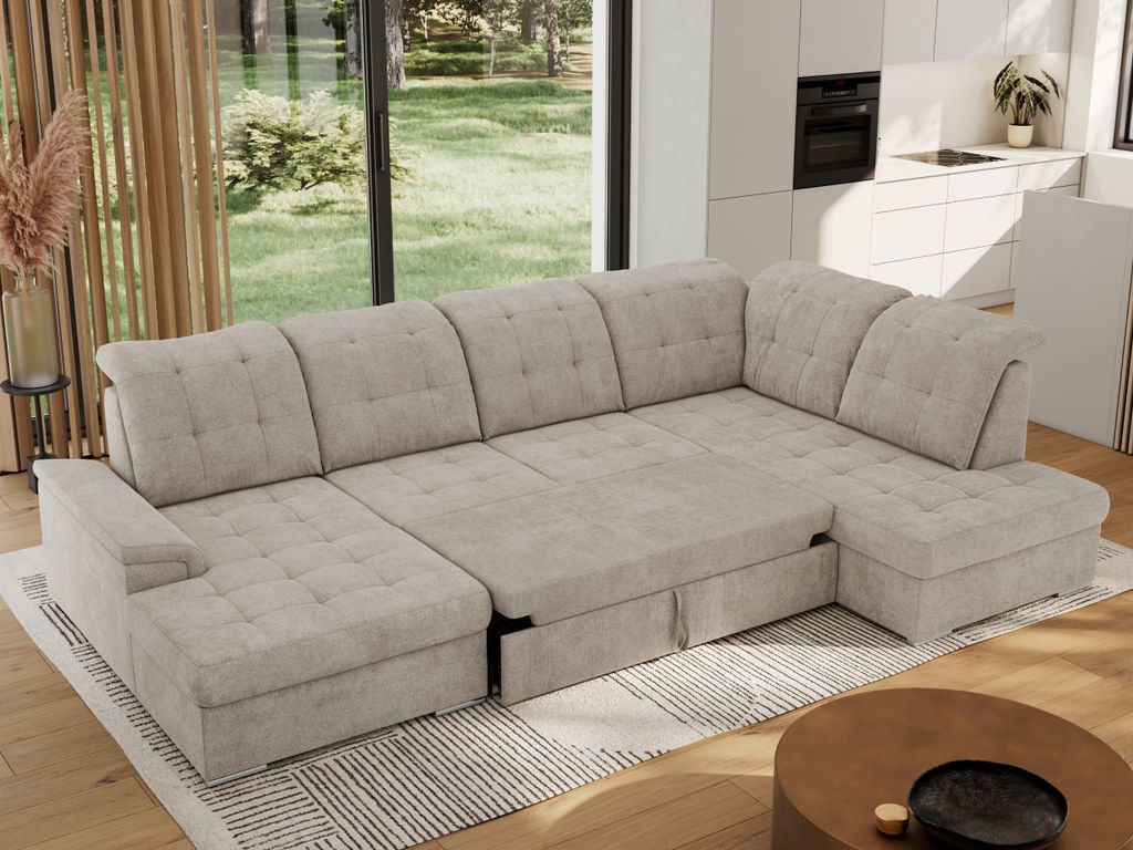 MKS MEBLE Ecksofa Wohnlandschaft U-Form, Sofa mit Schlaffunktion, Schlafsofa mit bettkasten, Couch mit Schlaffunktion - Beige Struktur - Madrito U ...