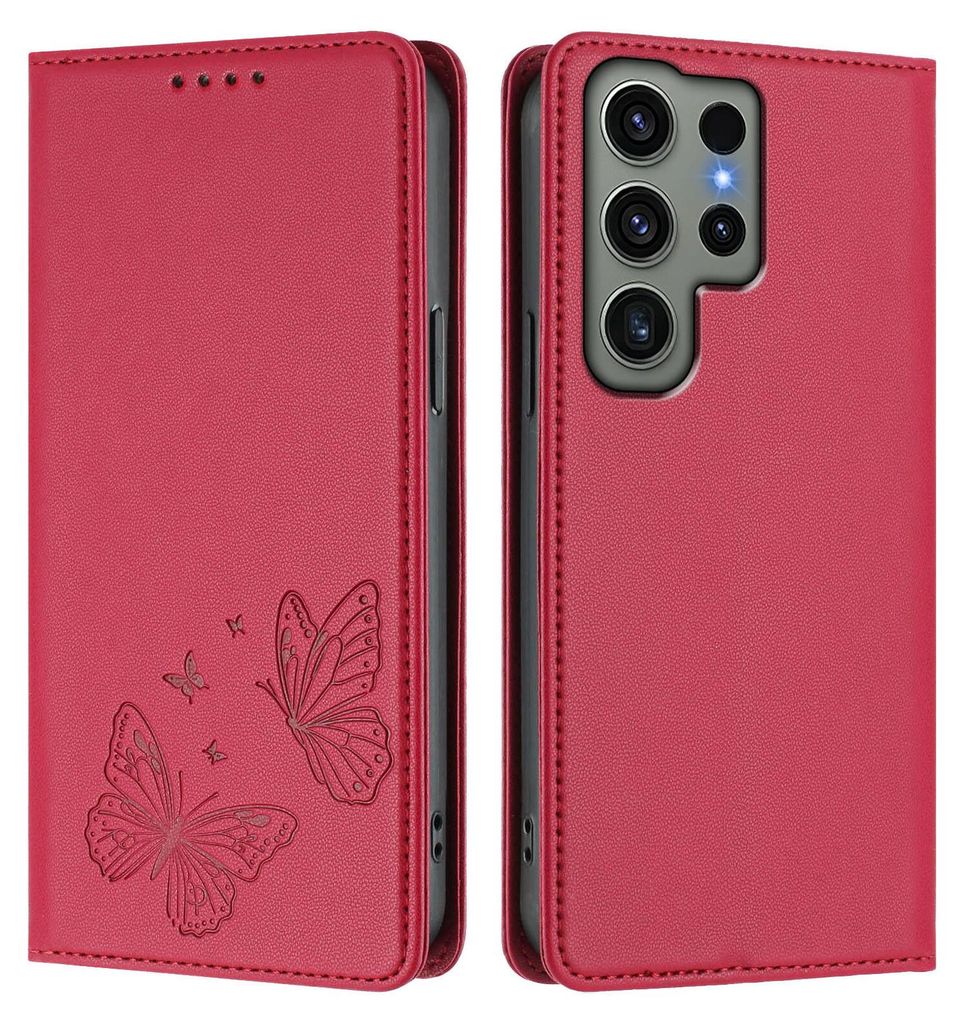 Lederhülle für Samsung Galaxy S23 Ultra, Schmetterling Prägung Leder Brieftasche Schutzhülle mit Ständer Rot