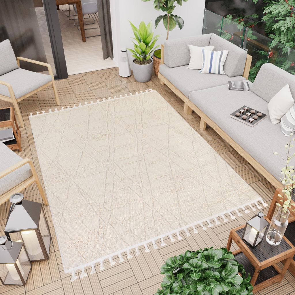 Teppich Indoor Outdoor Creme Beige Fransen Ethno Rhomben 120 x 170 cm