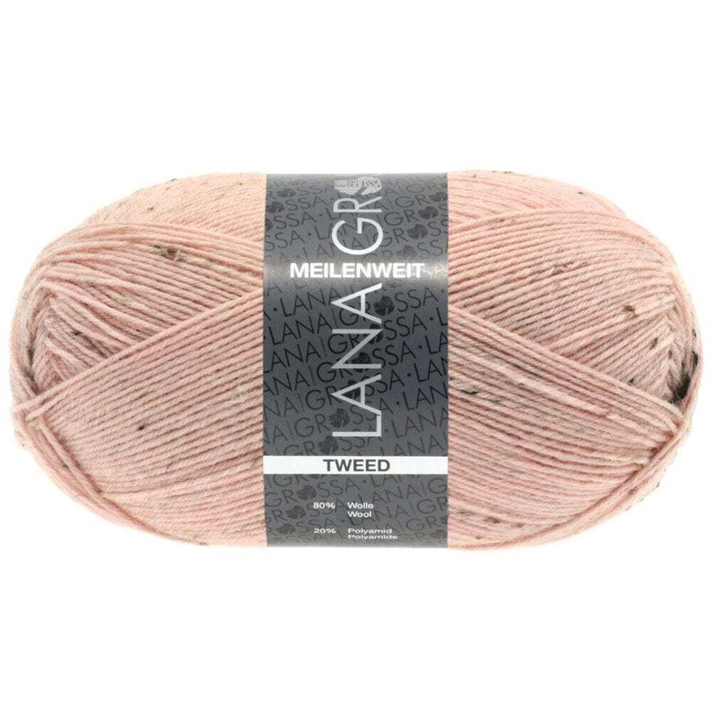 A ball of pink tweed yarn with a label.