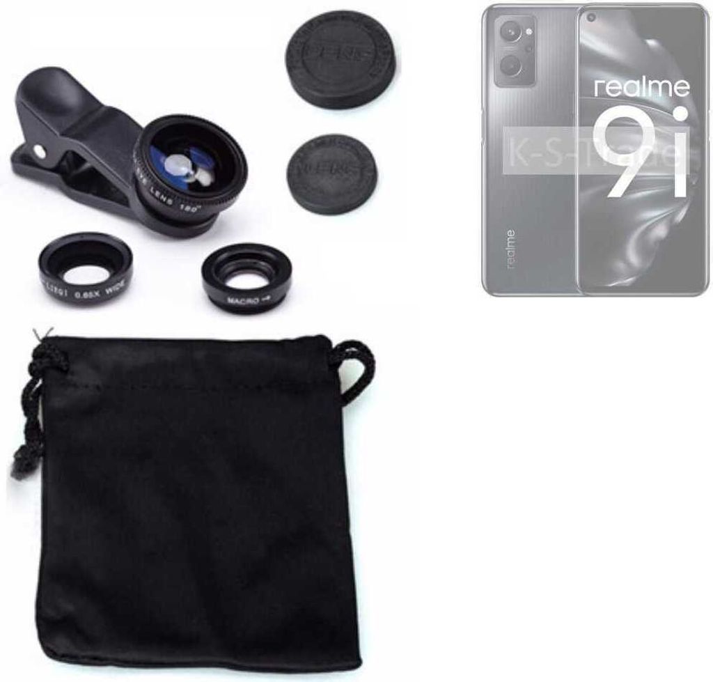 K-S-Trade Smartphone Kamera Linsen Set Kompatibel mit Realme 9i 3in1 Clip-On Kamera Adapter Macro Weitwinkel FishEye Fischauge Objektiv Linse