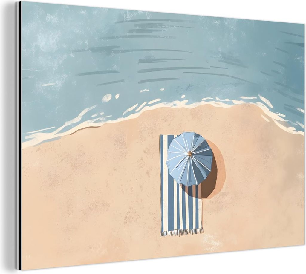 MuchoWow Wanddekoration Metall Metallbild Wandkunst 60x40 cm Strandtuch - Streifen - Sonnenschirm - Strand MuchoWow Aluminium Gemälde - Gemälder