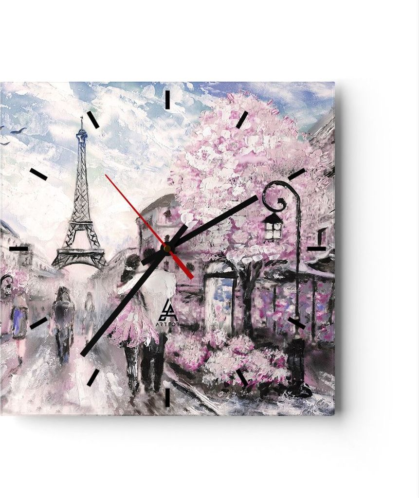 Wanduhr - Quadrat - Glasuhr - Paris Weg Illustration eiffle - 40x40cm - Schleichendes Uhrwerk - Lautlos - zum Aufhängen bereit - Dekoration Modern...