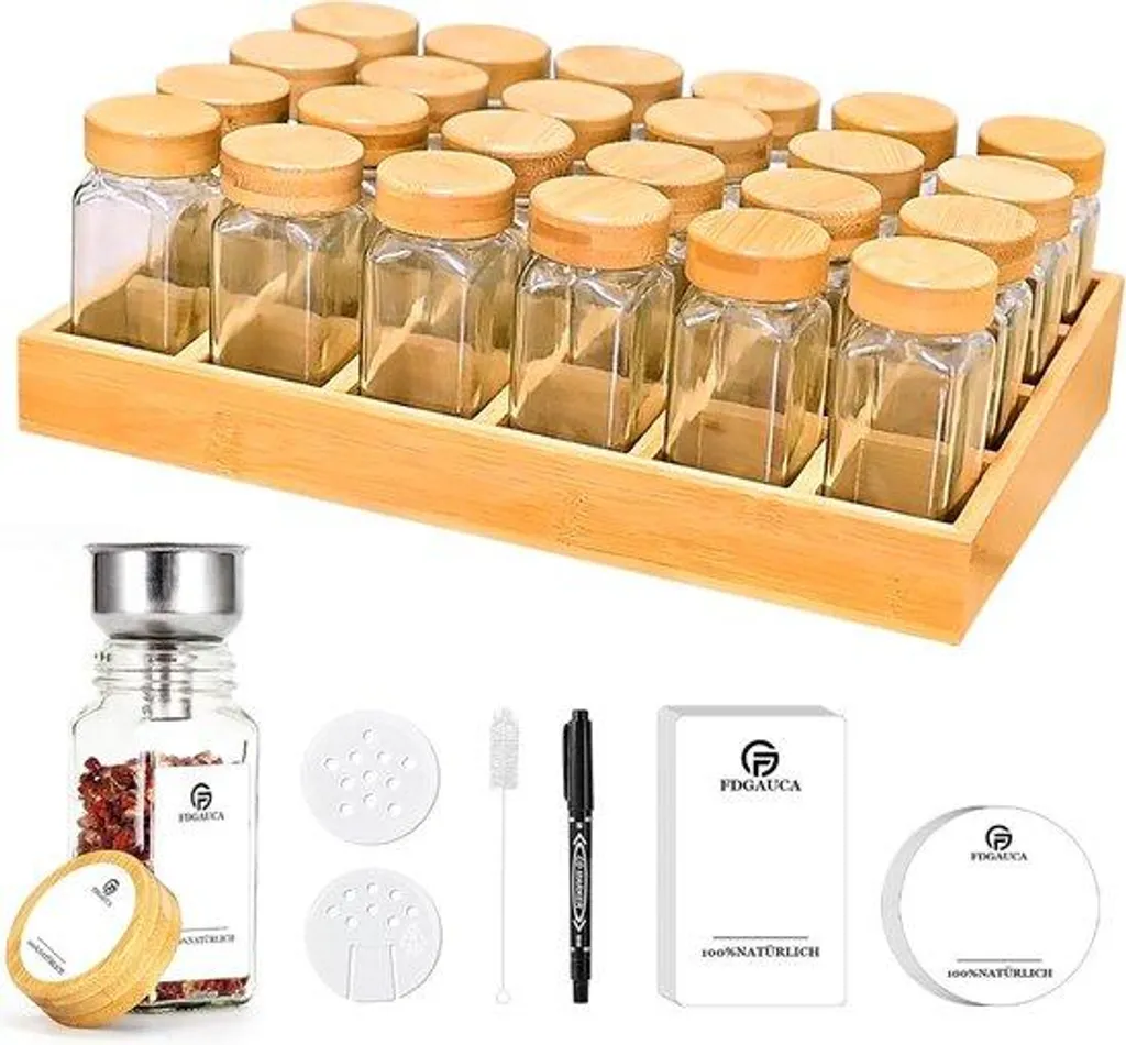 Organiseur de Tiroir Cuisine en Bambou et 24 Pots à Épices de 120 ml