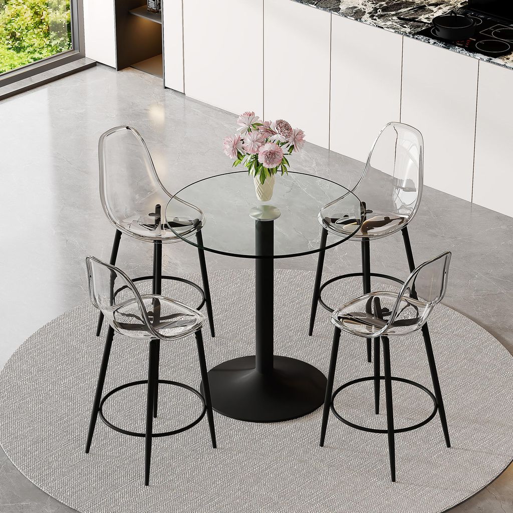Modernes 5-Teiliges Bar-Set: Ø 89cm Glastisch & 4 Transparente Barhocker | 92cm Stehtisch mit 66cm Sitzhöhe | Platzsparendes Design für Küche &...