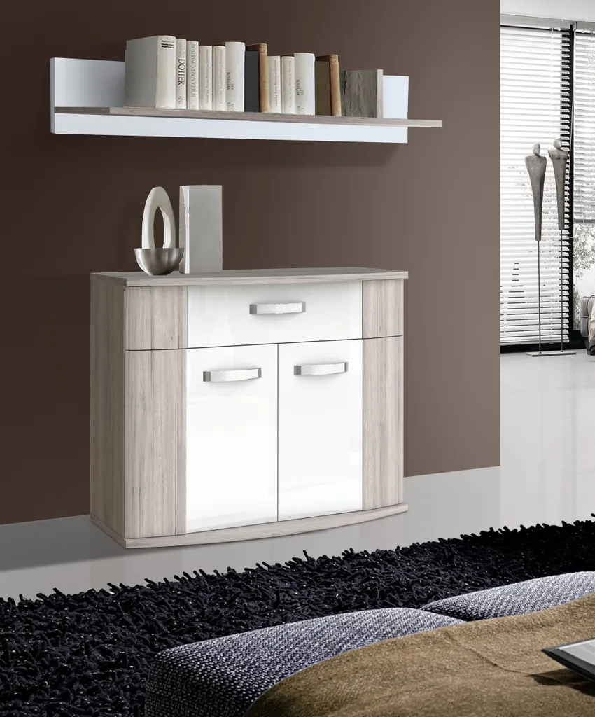 Étagère murale Rondino chêne sable et blanc brillant 139x27x26 cm