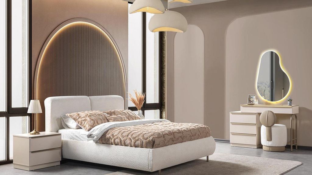 Bett 2x Nachttisch Kommode Schlafzimmer Stil modern Farbe weiß neu