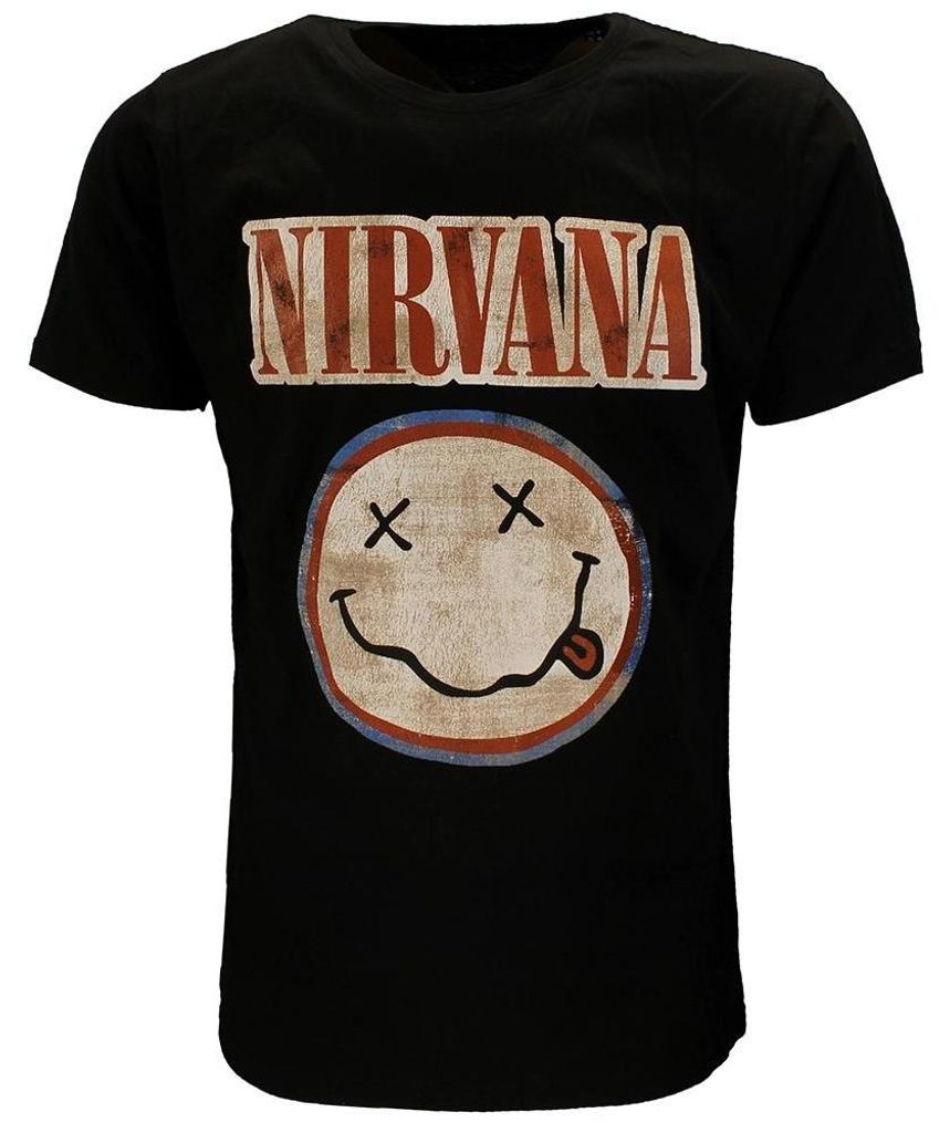 Nirvana Distressed Logo Smiley T-Shirt – Offizielles Merchandise - L
