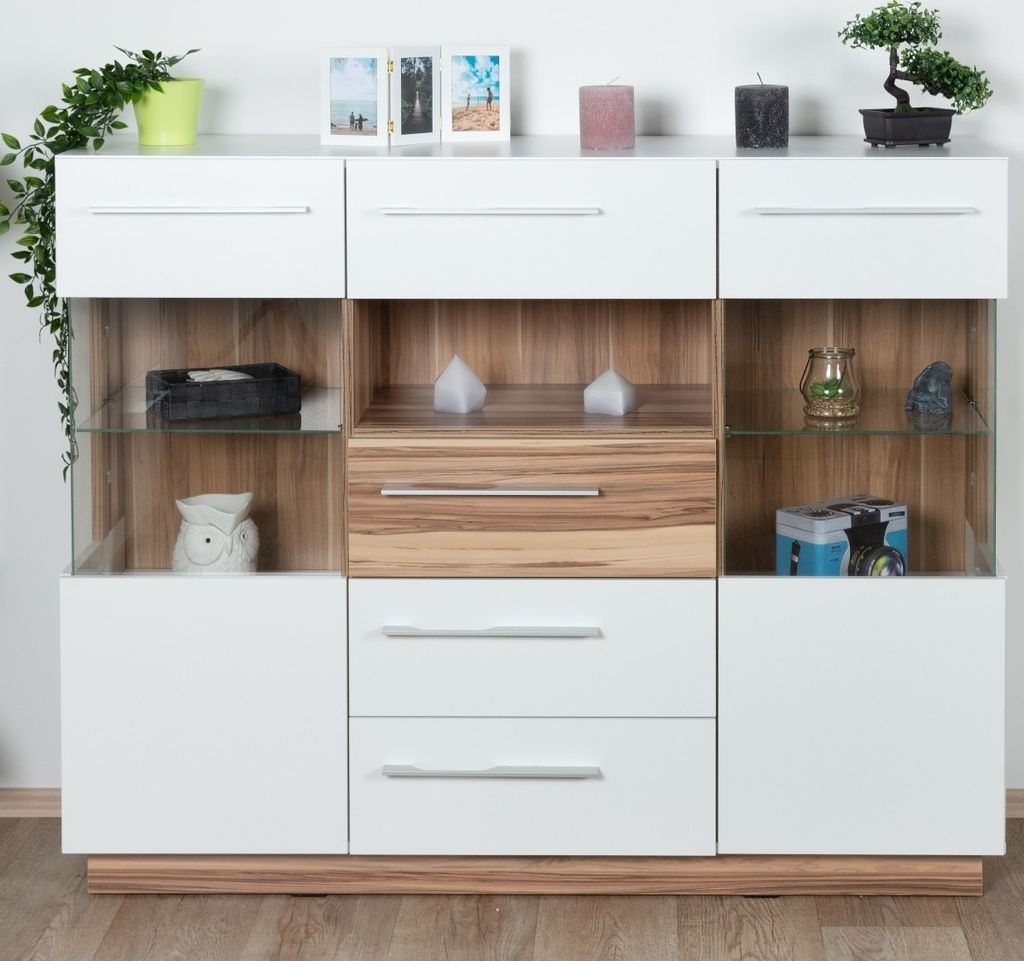 Kommode "Tinlot" 05, Weiß / Walnuss - Abmessungen: 108 x 135 x 40 cm (H x B x T)