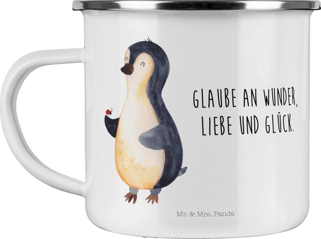 Mr. & Mrs. Panda Motivtasse Pinguin Marienkäfer - Weiß - Geschenk, Emaille Tasse, Aufmerksam, becher, Kaffeepott, Liebe, Teetasse, Blechtasse, Kl...