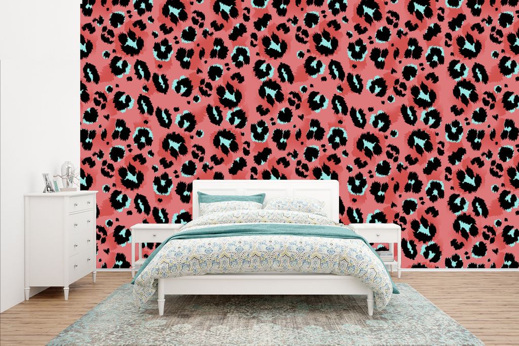 MuchoWow Fototapete für Wohnzimmer oder Schlafzimmer Wandtapete Vinyl Motivtapete Pantherdruck - Rosa - Blau - Muster - 400x240 cm - Gemustert