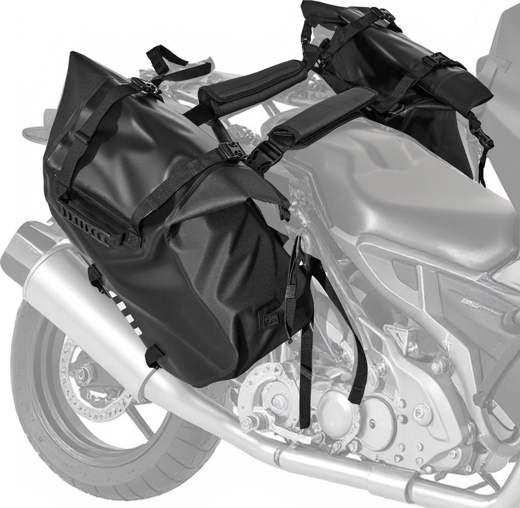 Motorrad Satteltaschen - Seitentaschen 2er-Set - Wasserfest - Volumen 28 L (2x14 L) - Mit Unterem Befestigungsgurt - Schwarz