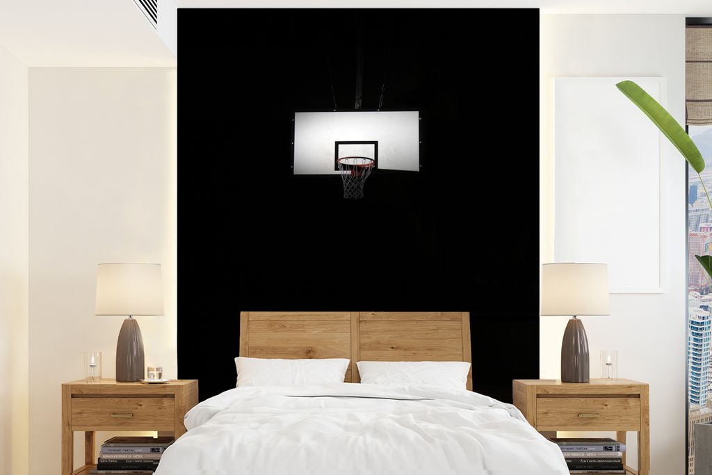 MuchoWow Fototapete für Wohnzimmer oder Schlafzimmer Wandtapete Vinyl Motivtapete Basketball und der Korb im Rampenlicht - 165x220 cm - Wanddeko...
