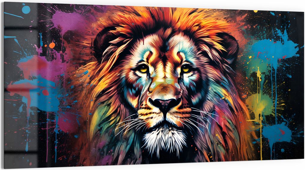 DEQORI Glasbild Echtglas 100x50 cm 'Löwenkraft in Farben' Wandbild Bild modern Deko