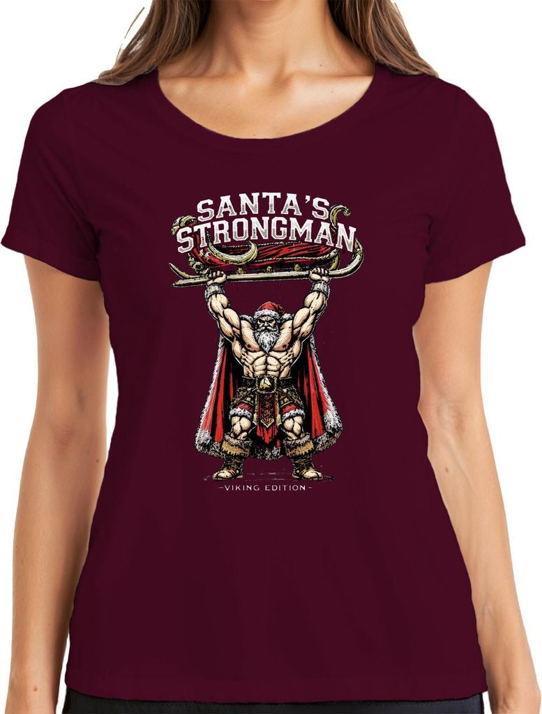 Santa's Strongman Weihnachtsmann Wikinger Geschenk Fitness Retro Damen T-Shirt, Burgundy, XXL