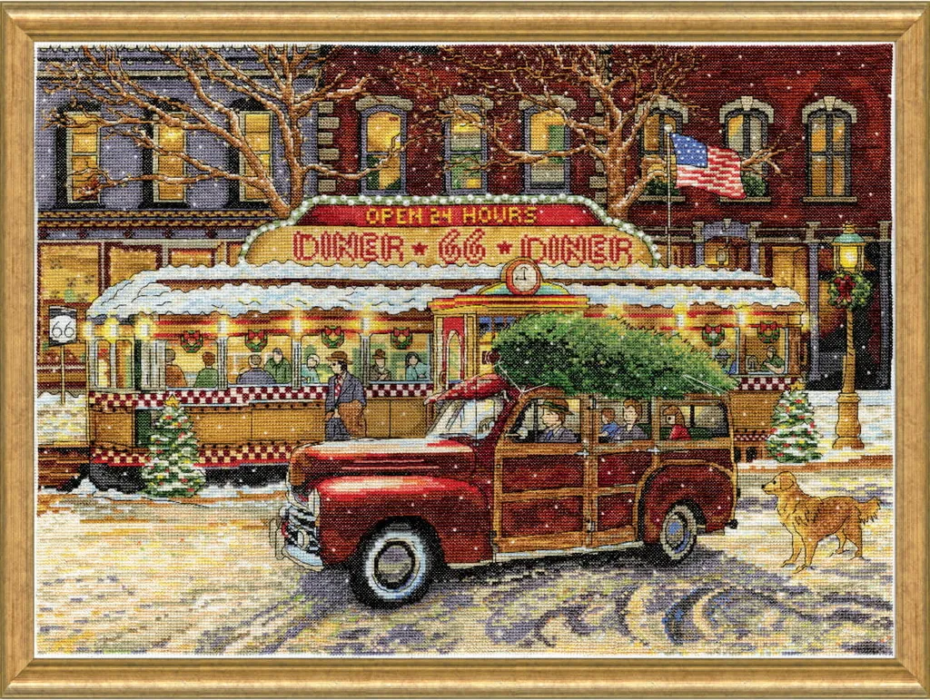 Grand kit broderie point de croix complet Noël Route 66 facile à lire