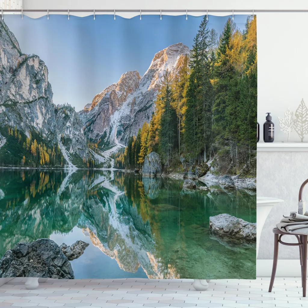 ABAKUHAUS Tenda da doccia naturale, vista sul lago Mountain, tessuto con stampa alla moda con 12 anelli, resistente al lavaggio, antibatterico e idrorepellente, 175 x 180 cm, verde grigio