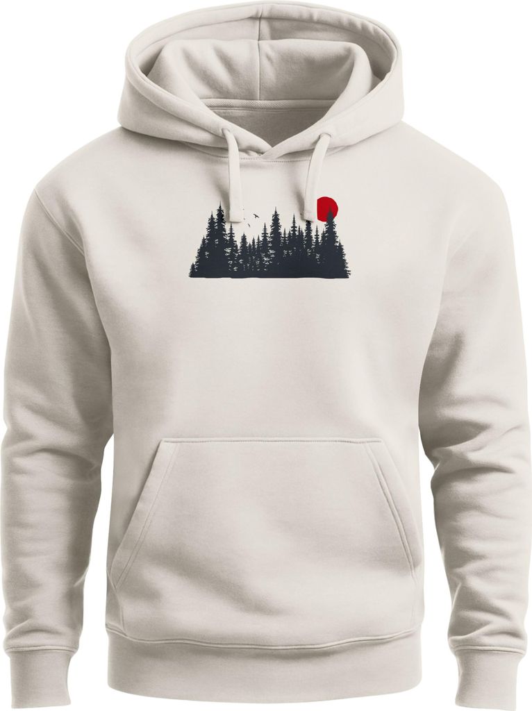 Hoodie Herren Print Red Sun Forest Kapuzensweatshirt mit Waldmotiv und roter Sonne Outdoor Streetwear Neverless