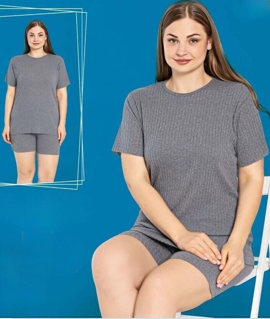 Damen Pyjama Grau XL Shorty Kurz 2-Teiler Set Baumwolle C-93
