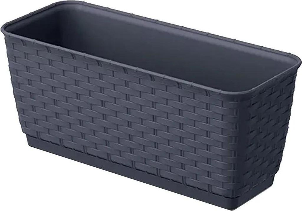 A dark gray rectangular planter with a woven texture and a matching saucer, shown from a three-quarter angle.