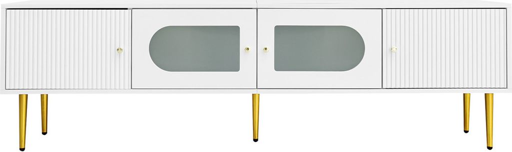 Eleganter TV-Schrank – 170*35*50cm ,Weißer Korpus,2 Türen mit Vertikalrillen,2 Türen mit Bogenglas,35KG Tragkraft,TV-Board,TV-Unterschrank