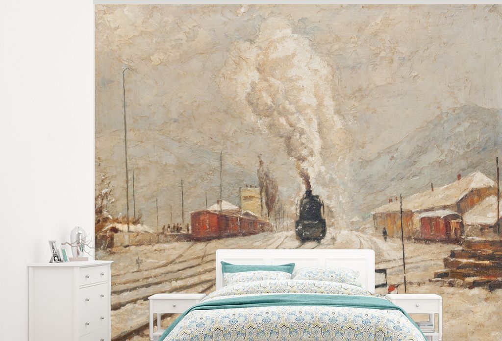 MuchoWow Fototapete für Wohnzimmer oder Schlafzimmer Wandtapete Vinyl Motivtapete Oldtimer-Dampflokomotive im Winter - 300x240 cm - Fototapeten
