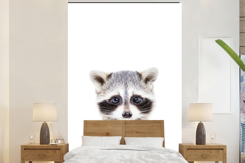 MuchoWow Fototapete für Wohnzimmer oder Schlafzimmer Wandtapete Vinyl Motivtapete Waschbär - Tiere - Natur - Weiß - 170x260 cm - Wohnzimmertapete