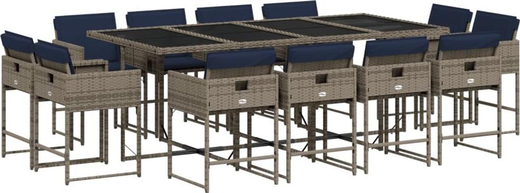 vidaXL 13-teiliges Garten-Ess-Set mit Kissen, grau, Polyrattan
