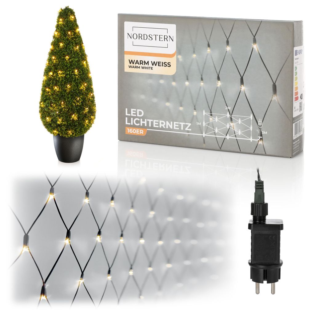 Nordstern LED Lichternetz Warmweiß 160 LEDs - Lichtervorhang Beleuchtung für Innen & Außen 2 x 1 m - Für Weihnachtsbeleuchtung & Sternenhimmel