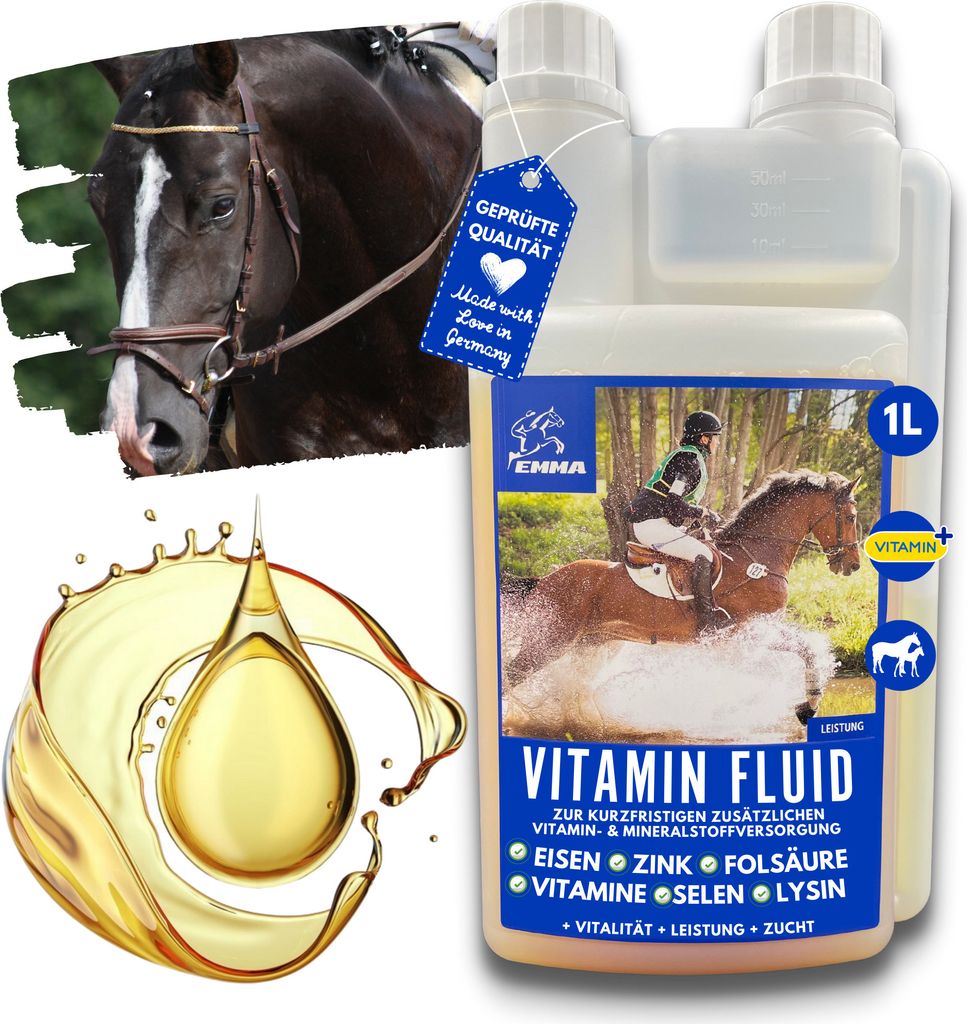 EMMA Vitamin Fluid Pferde Vitamine 1L Mineralfutter Pferde Liquid I B Vitamine I Vitamin E Pferd I Vitamin b komplex I Vitamin b12 Selen Zink Pferd