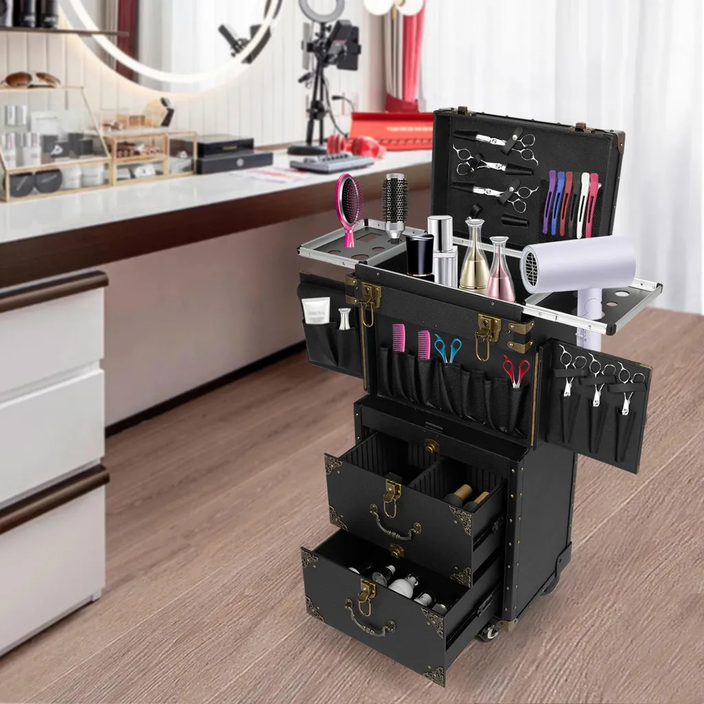 Chariot de coiffeur professionnel mobile avec support sèche-cheveux