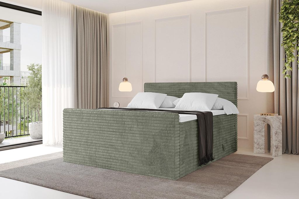 ALTDECOR Boxspringbett mit Fußteil - TOLO-v1-Z KING 120x200 Cord - Olive - Komplett-Set mit H3 und H4 Matratzen und Topper, Polsterbett mit Bettk...
